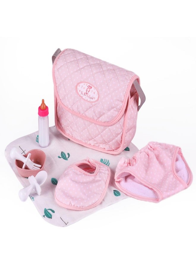 BABESIDE 8 Pcs Baby Doll Diaper Bag Set for 17-22 inch Dolls, Baby Doll Feeding Accessories with Disappearing Milk Toy Baby Bottle and Spoon Fork Bowl for Pretend Play Toys, Pink - Image 1